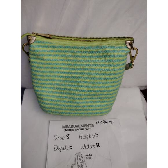 Eric Javits Multicolor Leather Strap Gold Metallic Bag Straw Canvas Stripes - Picture 3 of 12